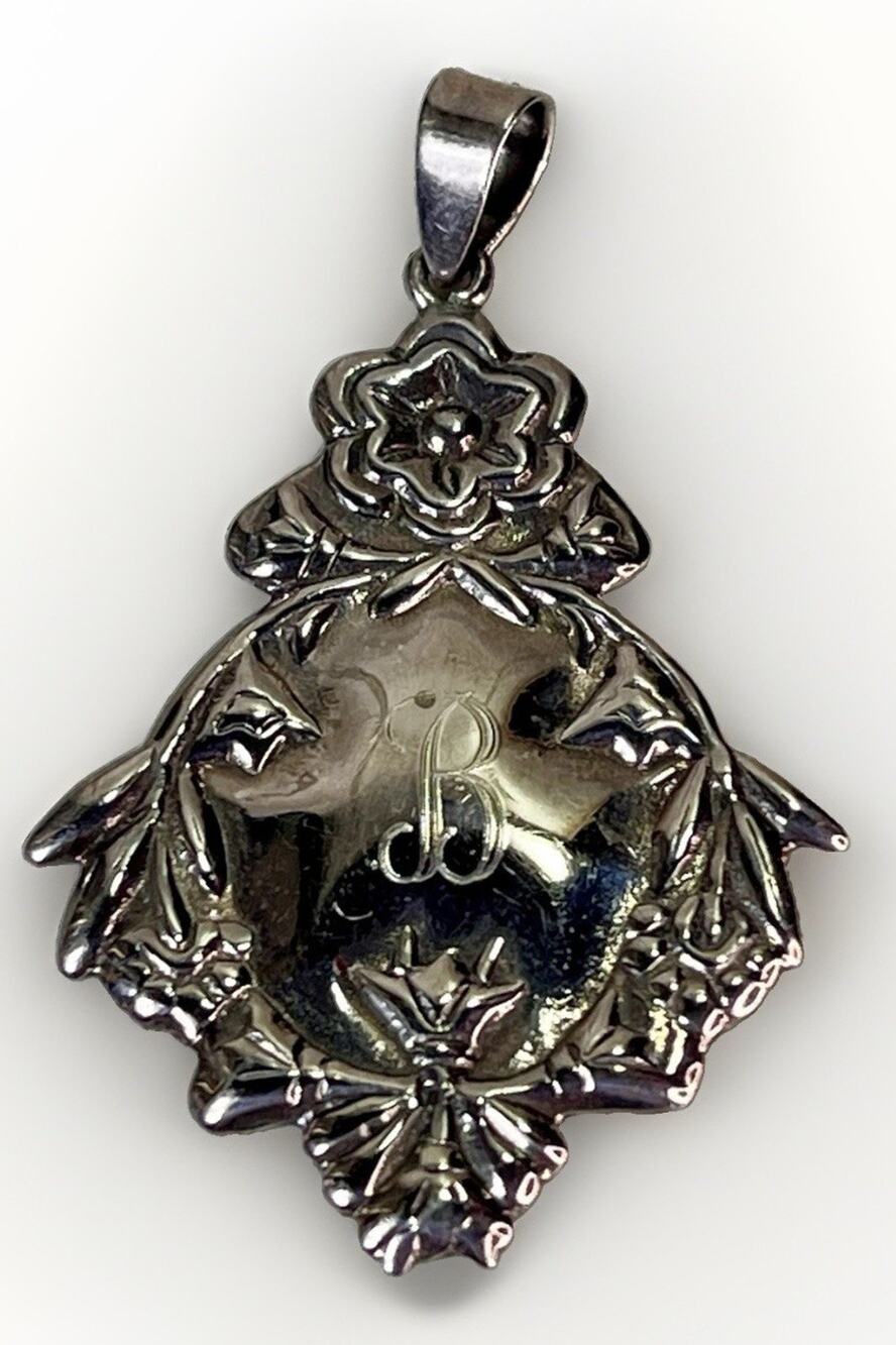 Vintage 925 Sterling Silver Initial B Floral Ornate Monogram Pendant 2.25”